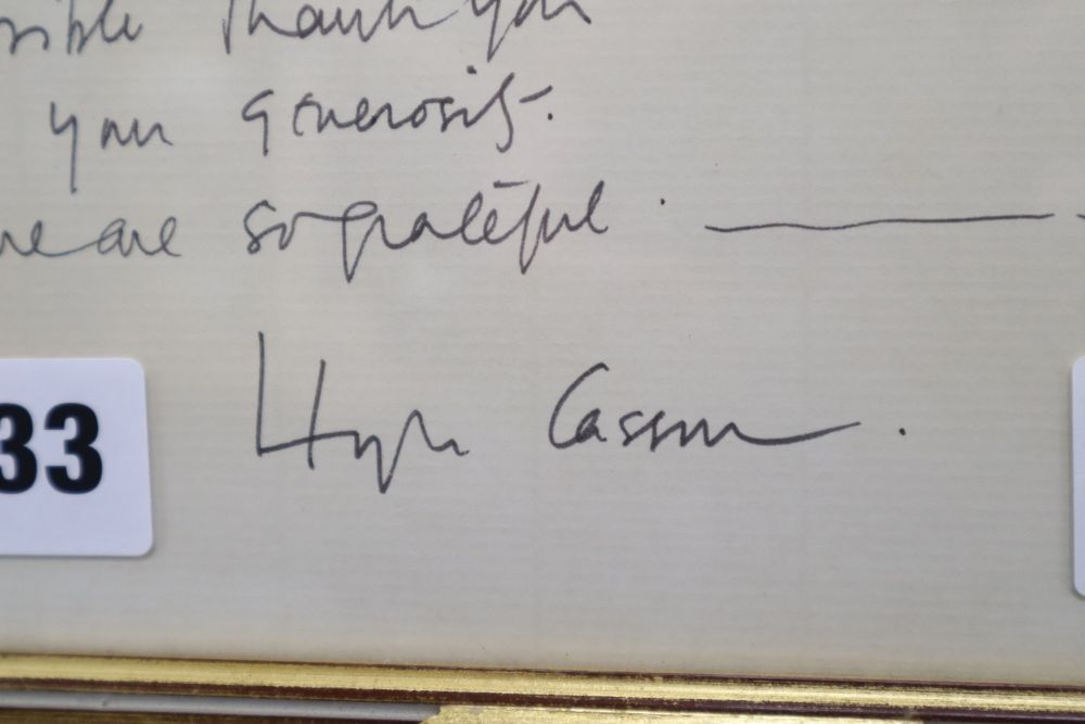 Hugh Casson: A framed signed letter, Park Gallery label verso